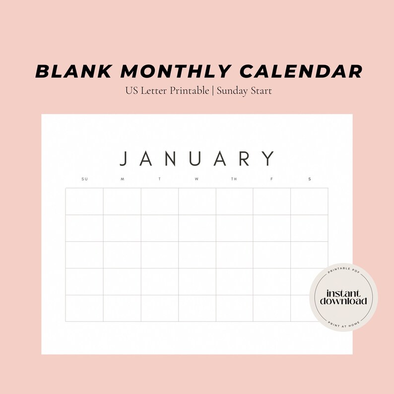 Blank Monthly Calendar Printable Minimalist Simple Calendar - Etsy