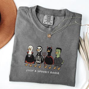 May include: A gray t-shirt with a crew neck featuring a Halloween-themed graphic of four cartoon geese dressed in costumes. The text "JUST A SPOOKY GOOSE" is printed below the geese. A silver necklace and a brown hat are also visible.