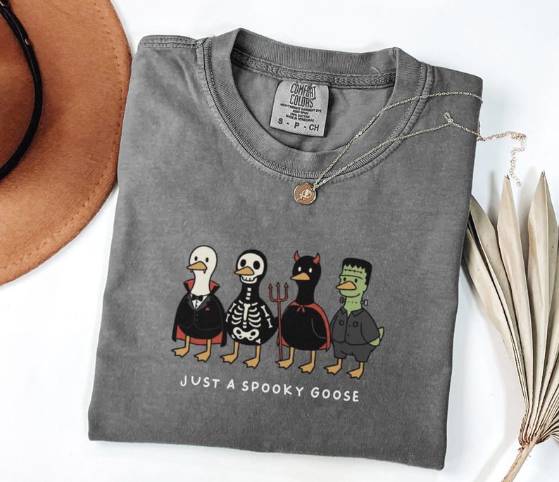 May include: A gray t-shirt with a crew neck featuring a Halloween-themed graphic of four cartoon geese dressed in costumes. The text "JUST A SPOOKY GOOSE" is printed below the geese. A silver necklace and a brown hat are also visible.