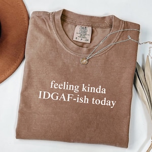 May include: A brown t-shirt with the text "feeling kinda IDGAF-ish today" in white. A silver necklace with a small pendant is draped across the shirt. A brown hat and dried leaves are in the background.
