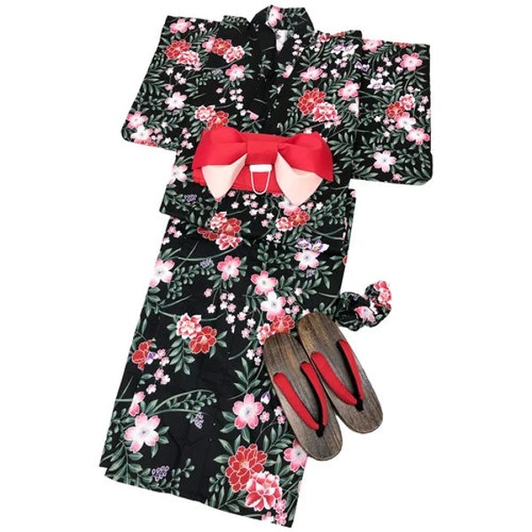 Yukata 4-piece set. Yukata, Obi, Geta & Scrunchie. Easy to Wear! Black/Red Flower Summer Cotton Kimono