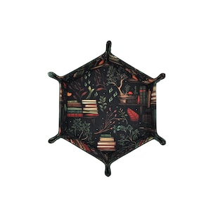 Dark Library, Deluxe dice tray, Hexagon, Square, Dice Bag, books, DnD, nerdy gifts, ttrpg, vegan leather, pathfinder, whimsy, academia