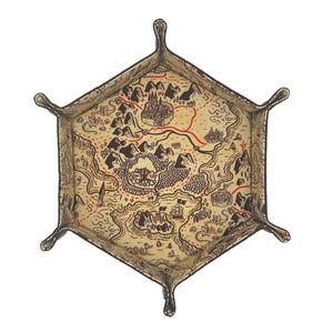 May include: Hexagonal dice tray with a detailed map design in shades of tan, brown, and red. The tray has raised edges and four curved handles. The map depicts mountains, castles, and a winding red path.