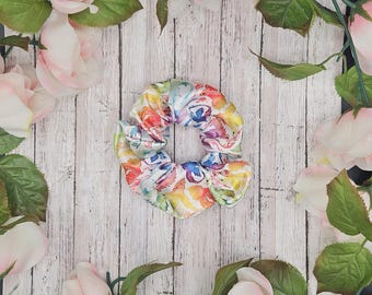 Rainbow Dragon Satin Scrunchie – Colorful Fantasy Hair Accessory on White | Soft, No-Crease, Gentle Hold