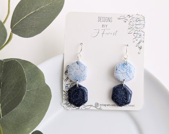 Floral Polymer Clay Earrings, Hexagon earrings, Flower Earrings, Blue Statement Earrings