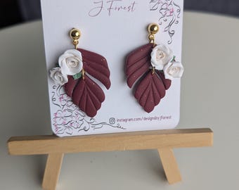 Leaf Polymer Clay Earrings, Leaf Earrings, Nature inspired, Botanical Beauty, Maroon earrings