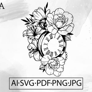 May include: Black and white floral pocket watch design with Roman numerals, surrounded by flowers and leaves. The image includes the text "AI.SVG.PDF.PNG.JPG".