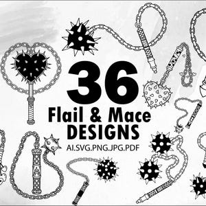 May include: Black and white illustration of 36 flail and mace designs. The designs include various spiked balls, heart-shaped maces, and skull-shaped weapons, all connected by chains. The text "36 Flail & Mace Designs" is prominently displayed.