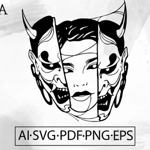 Demon Oni Mask SVG Japanese samurai Warrior Hannya mask Asian art Tattoo ink - Instant Digital Download cut file ai svg eps png pdf cricut