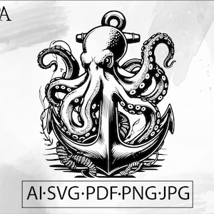 Octopus Anchor Nautical Design: Sea Creature SVG, PNG, PDF (Digital Download)