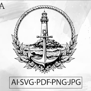May include: Black and white nautical design featuring a lighthouse, anchor, and rope circle. The lighthouse stands on a rocky island, with waves below. The design includes the text "AI.SVG.PDF.PNG.JPG".