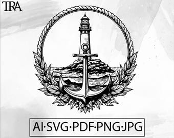 Ancla de faro SVG – Escena náutica oceánica, vida marina (descarga digital)