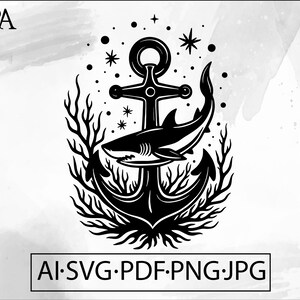 Könnte beinhalten: Schwarz-weißes nautisches Design mit Anker, Hai und dekorativen Elementen. Das Design enthält den Text "AI.SVG.PDF.PNG.JPG" unten. Das Bild hat einen Hintergrund im Aquarellstil.