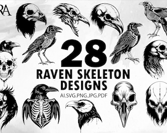 Paquete SVG de esqueleto de cuervo, bruja, cuervo, calavera, magia gótica, brujería, tatuaje - Descarga digital instantánea, archivo ZIP, ai, SVG, JPG, PNG, PDF, Cricut