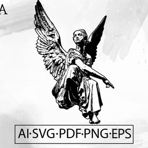 May include: Black and white line art illustration of an angel with wings spread out. The angel is sitting with one leg bent and the other leg extended. The angel is looking to the right.