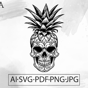 May include: Black and white illustration of a skull with a pineapple design. The skull has intricate details and a stylized pineapple top.