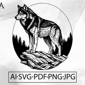 Wolf on Rock Forest SVG wilderness wildlife clipart nature rustic tshirt design - Instant Digital Download file ai svg jpg png pdf cricut