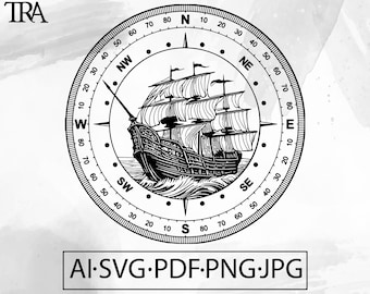 May include: A black and white illustration of a compass with a ship sailing in the center. The compass has the cardinal directions marked with the degrees from 0 to 80. The ship has a large sail and is sailing on a wavy sea.