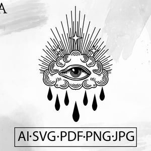 May include: Black and white illustration of an eye within a cloud, with radiating lines and stars above, and teardrops below. The image includes the text "AI.SVG.PDF.PNG.JPG".