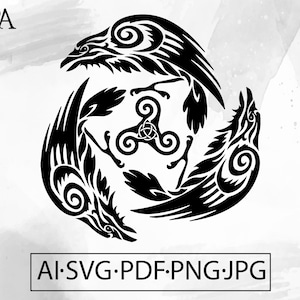 May include: Black and white illustration of three stylized ravens in a circle with a Celtic knot in the center. The ravens are facing outward with their wings spread. The image is on a white background.
