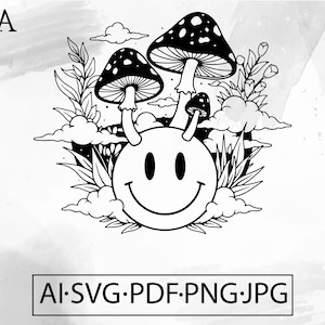 May include: Black and white illustration featuring a smiling face with mushroom antennae, surrounded by mushrooms, clouds, and foliage. The image includes the text "AI.SVG.PDF.PNG.JPG" in a rectangular box.