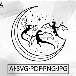 Drakar som svävar runt månen SVG: Fjärde vingen mystisk design (digital nedladdning)