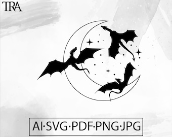 Draken vliegen rond de maan SVG: Witchy mystical design (digitale download)