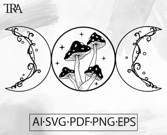 Triple Mushroom Moon オリジナルアート Mushroom Triple Goddess SVG: Celestial Witchcraft Moon Design