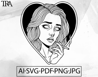 Goth Girl Heart Tattoo SVG - Undead Witch Line Art (Digital Download)