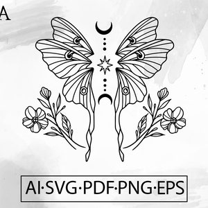 May include: A black and white line art illustration of a butterfly with floral accents. The butterfly has a crescent moon and star design on its wings. The floral accents are on either side of the butterfly.