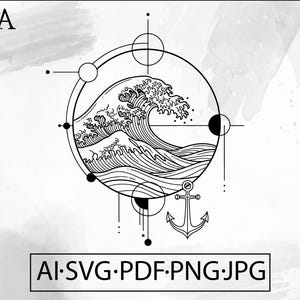 May include: Black and white graphic design featuring a stylized wave within a circle, with an anchor below. Geometric shapes and lines surround the wave. Text at the bottom reads "AI.SVG.PDF.PNG.JPG".