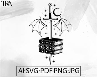 May include: Black and white illustration of a sword piercing through a stack of three books. The sword has a crescent moon design at the top and is surrounded by stars. The books have crescent moon and star designs on their covers.