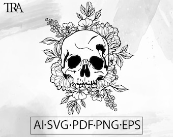 May include: Black and white line art illustration of a human skull surrounded by flowers. The skull is in the center of the image and the flowers are arranged around it. The flowers are stylized and have a simple design.