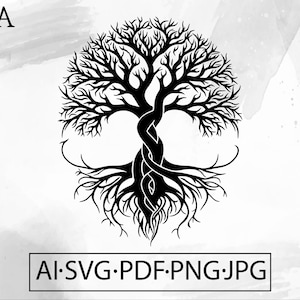 May include: Black and white illustration of a tree with intertwined trunk and roots, forming a symmetrical design. The tree's branches reach upwards, and the roots extend downwards. The image includes the text "AI.SVG.PDF.PNG.JPG". The letters "TRA" are in the upper left corner.