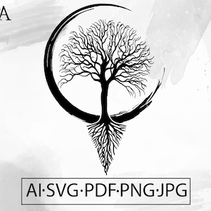 Puede incluir: Ilustración en blanco y negro de un árbol con raíces, rodeado de un círculo. El árbol está desnudo y tiene un tronco grueso. Las raíces son largas y se extienden.