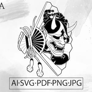 Hannya Samurai Mask and Sensu Fan SVG Demon Japanese Warrior Oni Mask Tattoo - Instant Digital Download cut file ai svg eps png pdf cricut