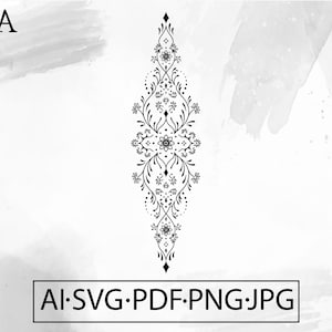 May include: Black and white floral design with a symmetrical pattern. The design is elongated and features flowers, leaves, and dots. The text "AI.SVG.PDF.PNG.JPG" is at the bottom.