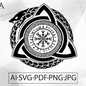 Puede incluir: Gráfico en blanco y negro con temática vikinga. Presenta un diseño circular con símbolos rúnicos y un emblema central en forma de copo de nieve. Una serpiente rodea el diseño, con una forma de triqueta. El texto "AI.SVG.PDF.PNG.JPG" está en la parte inferior.