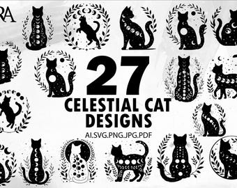 Könnte beinhalten: Eine Sammlung von 27 himmlischen Katzendesigns in Schwarz und Weiß. Die Designs zeigen Katzen mit Mond- und Sternmustern, umgeben von Kränzen und himmlischen Elementen. Das Bild enthält den Text "27 CELESTIAL CAT DESIGNS".