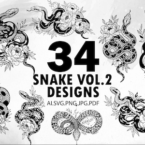 Puede incluir: Diseños de serpientes en blanco y negro con acentos florales. La imagen presenta 34 diseños de serpientes en varias poses, entrelazados con flores. El texto dice "34 Snake Vol. 2 Designs" con información del tipo de archivo.