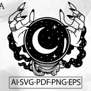 May include: Black and white illustration of two hands holding a crystal ball with a crescent moon and stars inside. The hands have long, pointed nails and are adorned with rings.