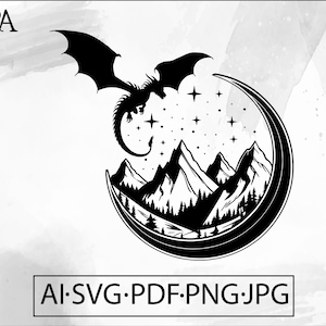 Flying Dragon Moon Mountain SVG : Clipart paysage mystique (téléchargement numérique)