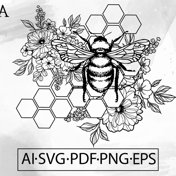 Bee Floral Honeycomb SVG bumble boho flower tattoo bug animal crown ink- Instant Digital Download cut file ai svg eps png pdf for cricut