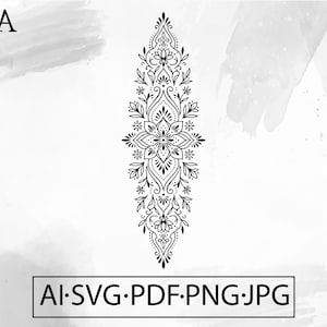 May include: A black and white symmetrical floral design with intricate details. The design is elongated and features a central flower motif, surrounded by leaves and other floral elements. The image includes the text "AI.SVG.PDF.PNG.JPG".