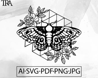 May include: Black and white illustration of a moth with detailed wing patterns, surrounded by floral elements and a geometric shape. The image includes the text "AI.SVG.PDF.PNG.JPG" at the bottom.
