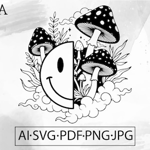 Könnte beinhalten: Schwarz-weiße Grafik mit einem halben Smiley und Pilzen mit Punkten. Das Design umfasst Blätter, Wolken und den Text "AI.SVG.PDF.PNG.JPG".