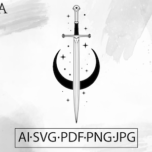 May include: A black and white illustration of a sword with a crescent moon and stars behind it. The sword has a pointed tip and a cross guard. The moon is a crescent shape with a star inside it. There are smaller stars scattered around the sword and moon.