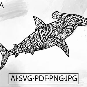 Squalo martello SVG Oceano polinesiano Tribale Hawaii Maori Tatuaggio File di taglio Cricut PNG Clipart Download digitale ai svg jpg png pdf