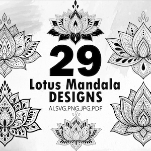Puede incluir: Arte digital en blanco y negro con 29 diseños de mandalas de loto. La imagen incluye varios patrones florales detallados, con el número 29 y las palabras "Lotus Mandala DESIGNS" en un lugar destacado. Los formatos de archivo se enumeran debajo del texto.