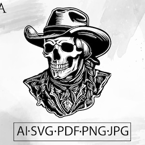 Schedel Western Cowboy SVG Ghost Skeleton Undead Wild West Horror goth tattoo - Instant Digitale Download gesneden bestand ai svg eps png pdf cricut